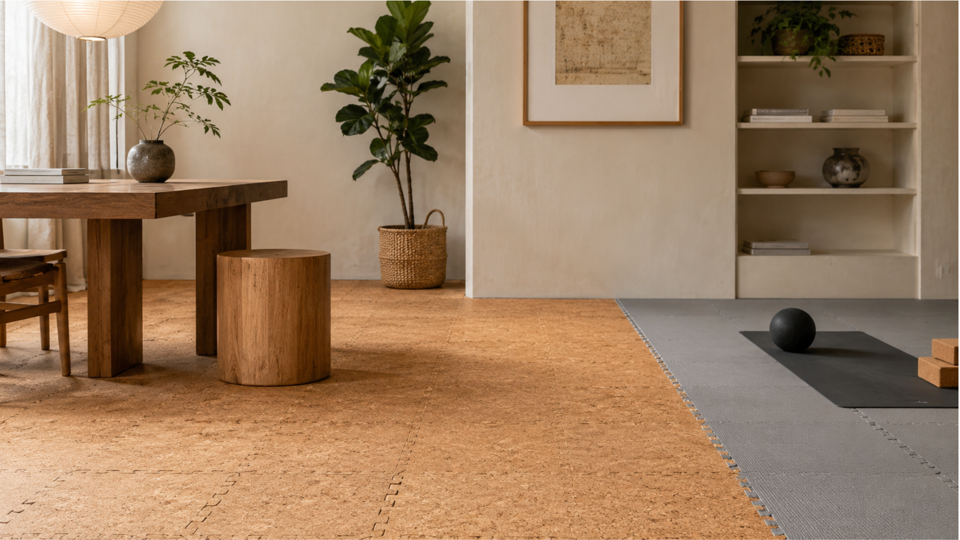 Premium interior comparing natural cork flooring with a grey EVA foam mat area