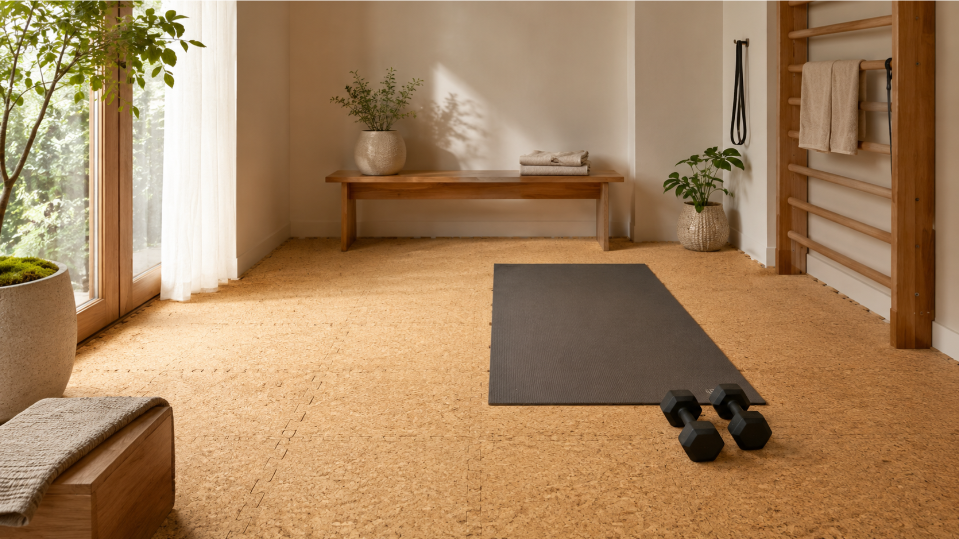 Warm premium home movement room with CorkLayer-style cork flooring, exercise mat and dumbbells