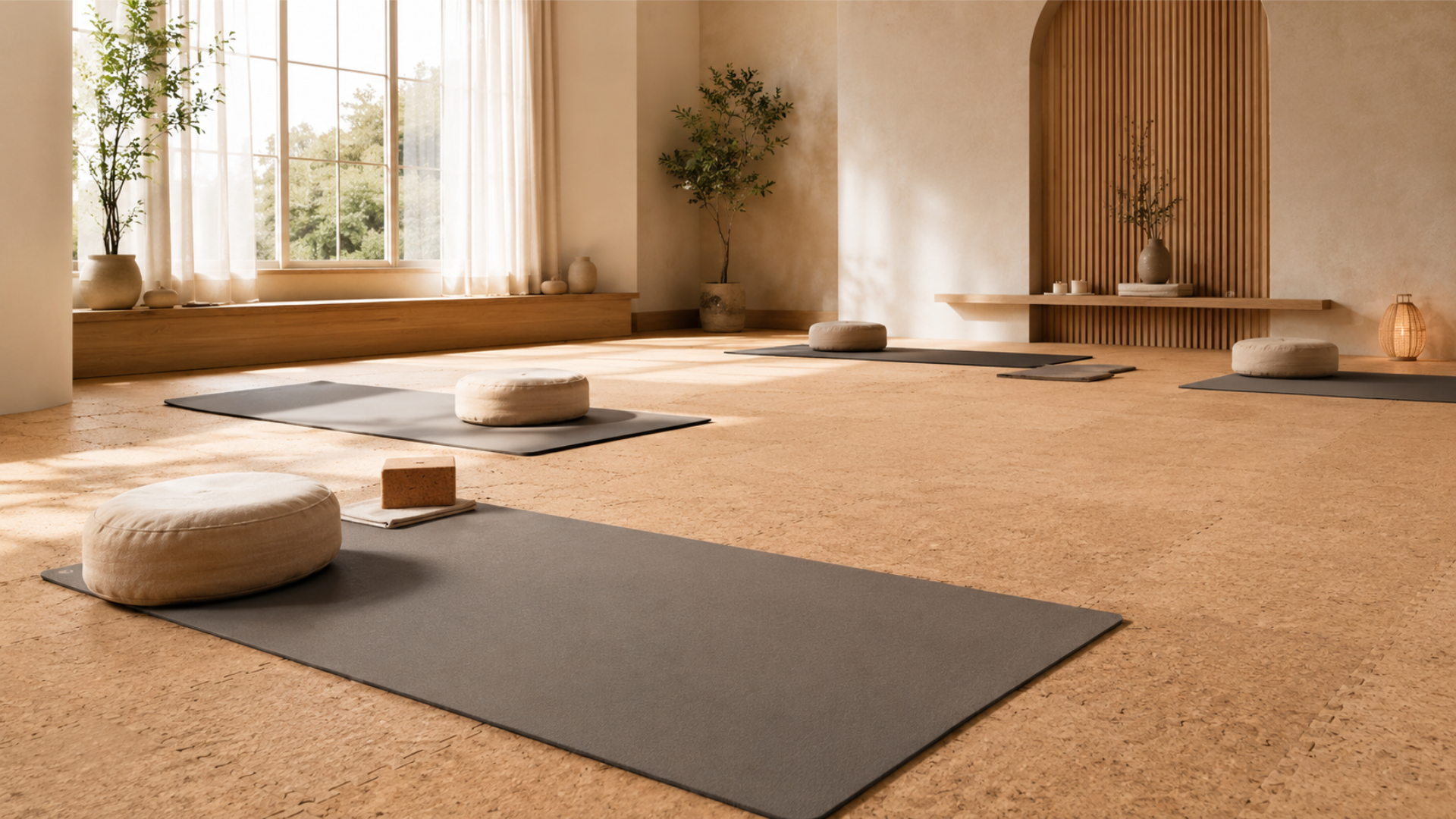 CorkLayer modular cork flooring in a premium yoga studio