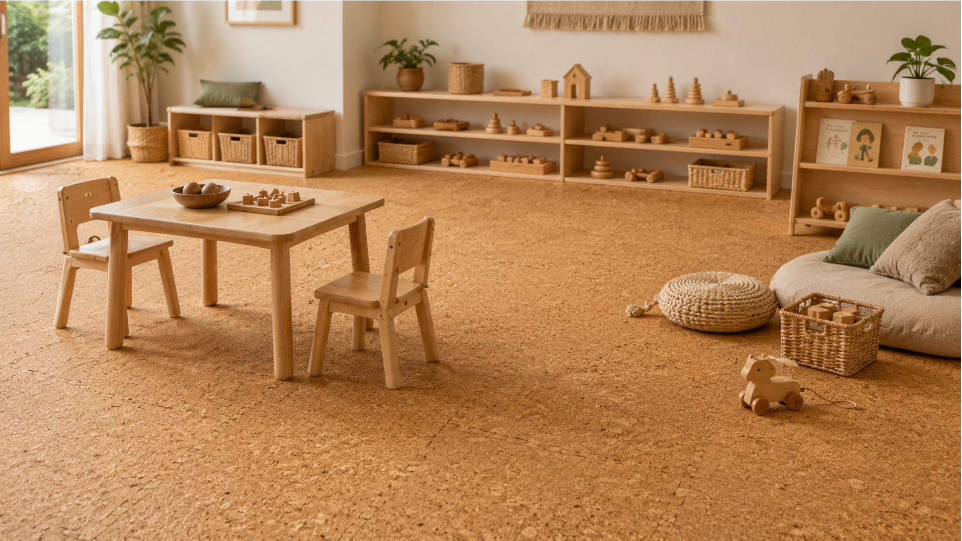 Premium Montessori-inspired learning space with warm natural cork flooring and neutral wooden toys