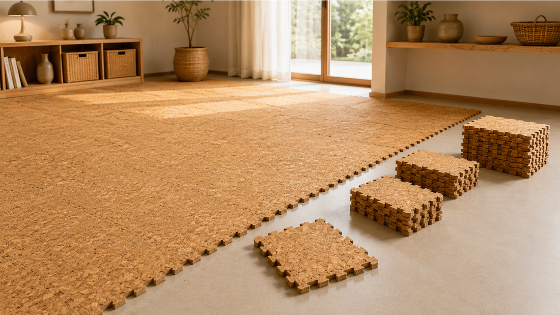 Large modular cork flooring area with loose cork tiles and stacked pack sizes for planning
