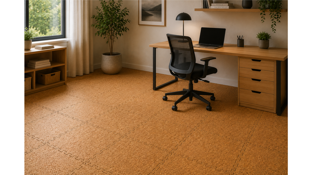 Home office with CorkLayer natural modular cork flooring