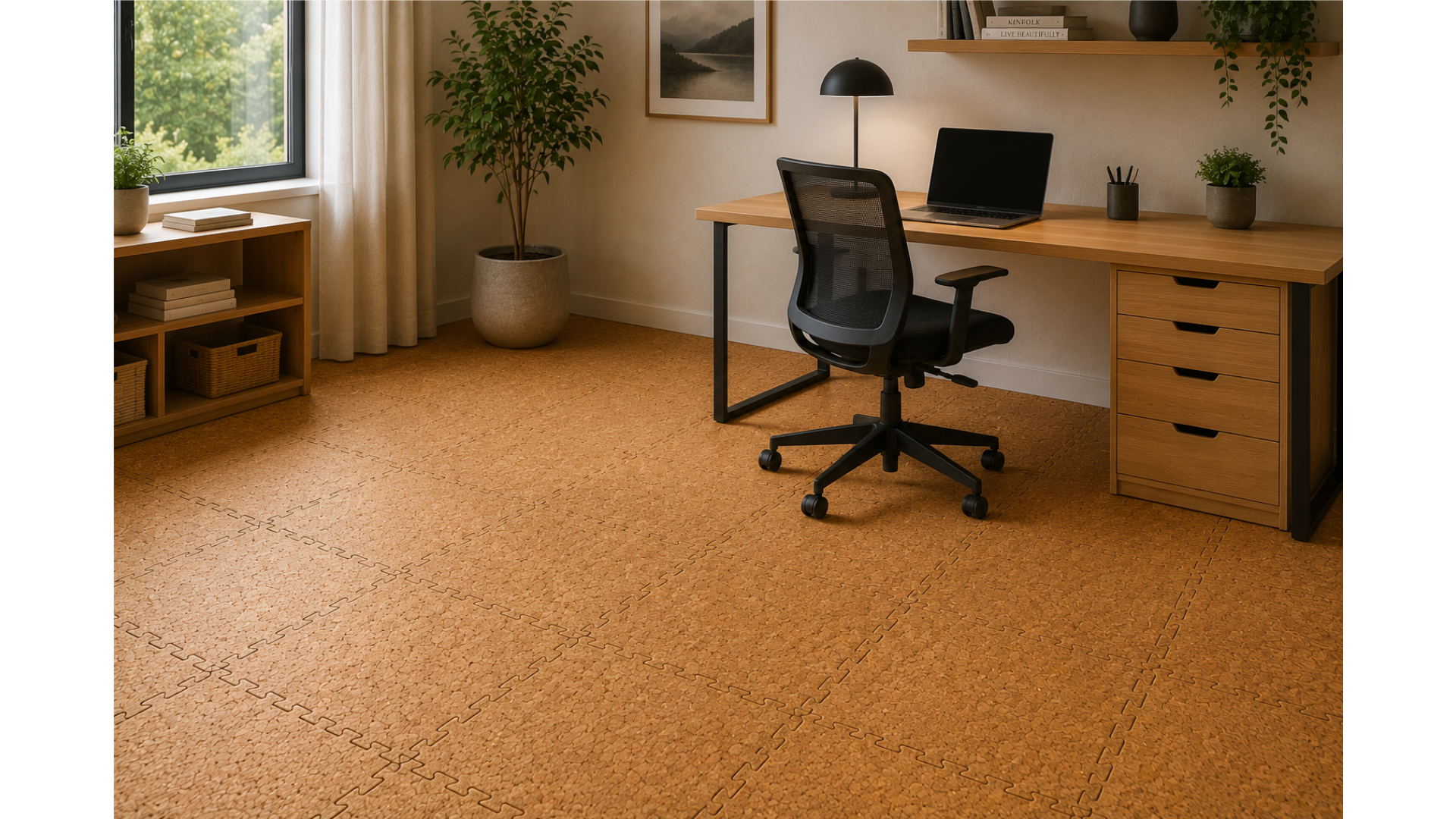 Home office with CorkLayer natural modular cork flooring
