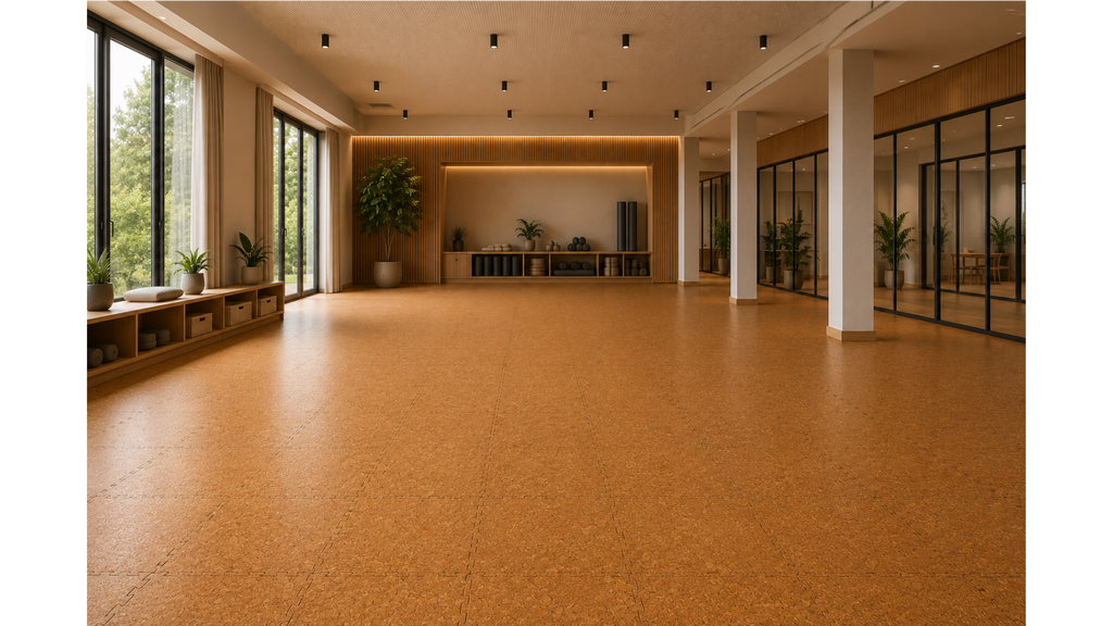 Large studio project with CorkLayer modular cork flooring installed across a wide area