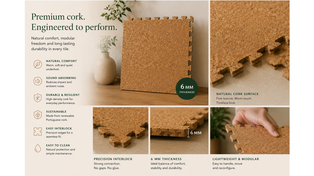 CorkLayer premium cork flooring features including 6 mm thickness and interlocking edges