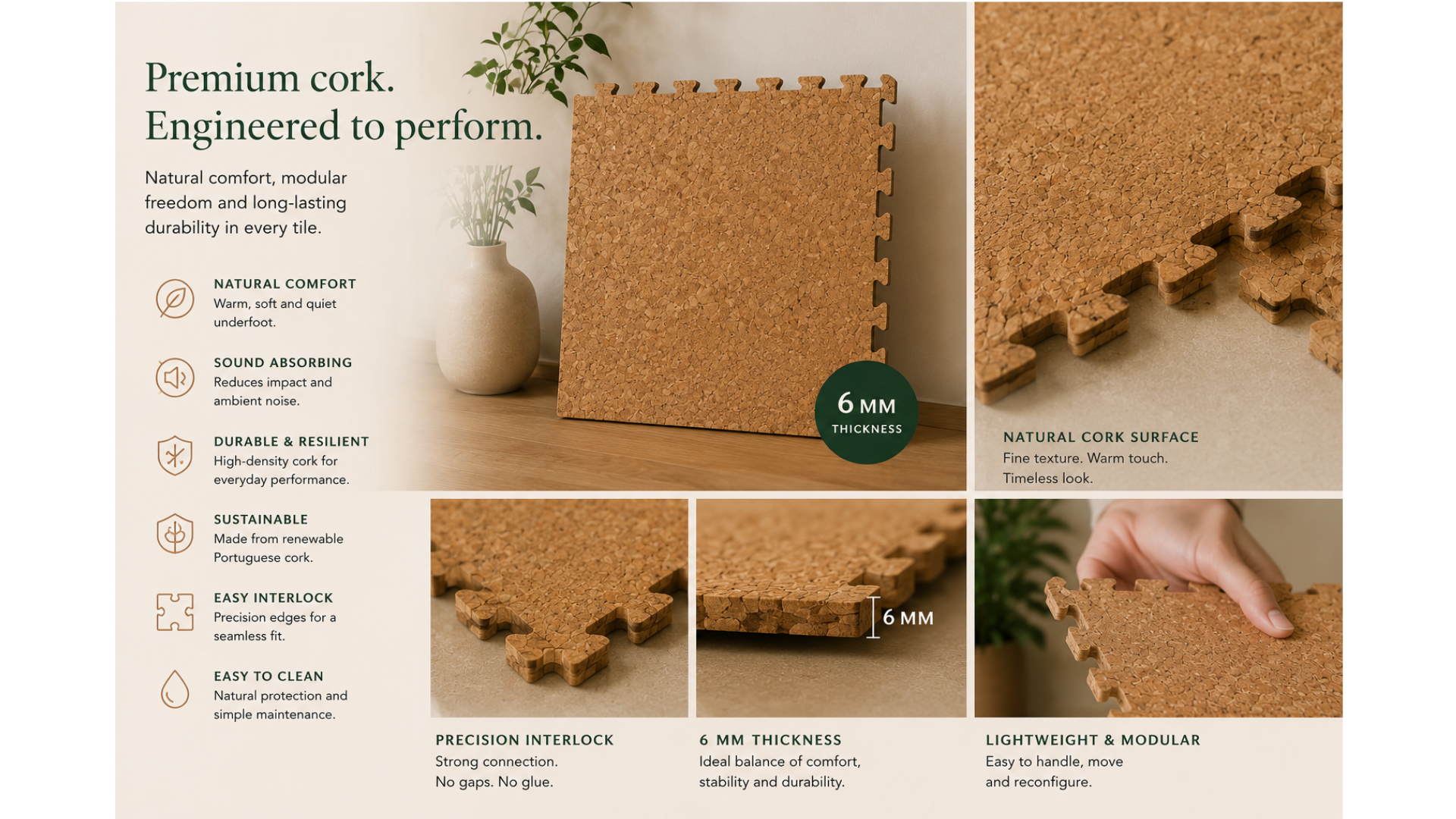 CorkLayer premium cork flooring features including 6 mm thickness and interlocking edges