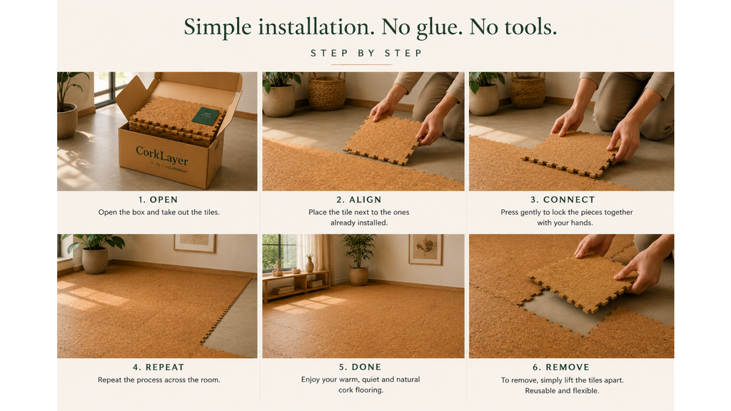 CorkLayer step-by-step installation guide showing no glue and no tools
