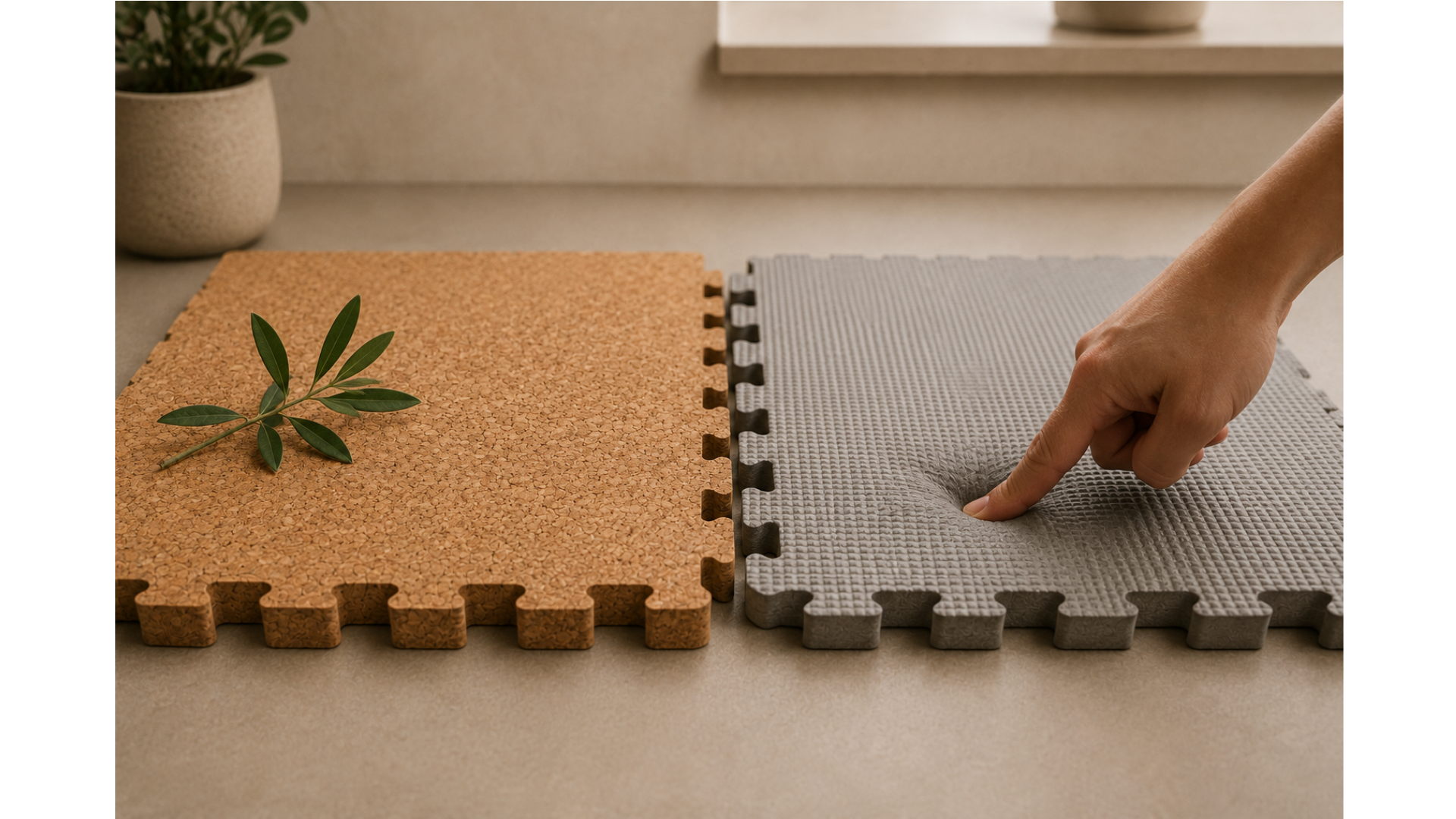 CorkLayer natural cork tile compared with a synthetic grey foam mat