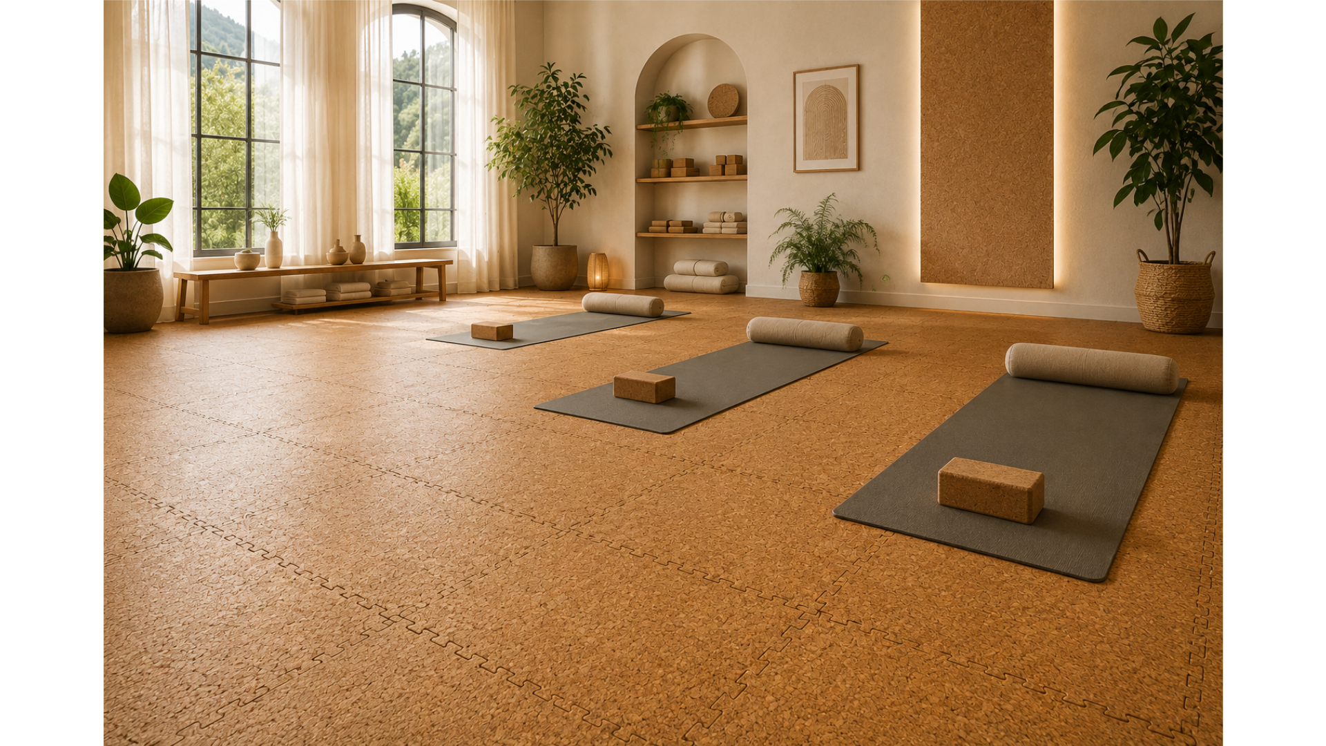 Premium yoga and Pilates studio with CorkLayer modular cork flooring